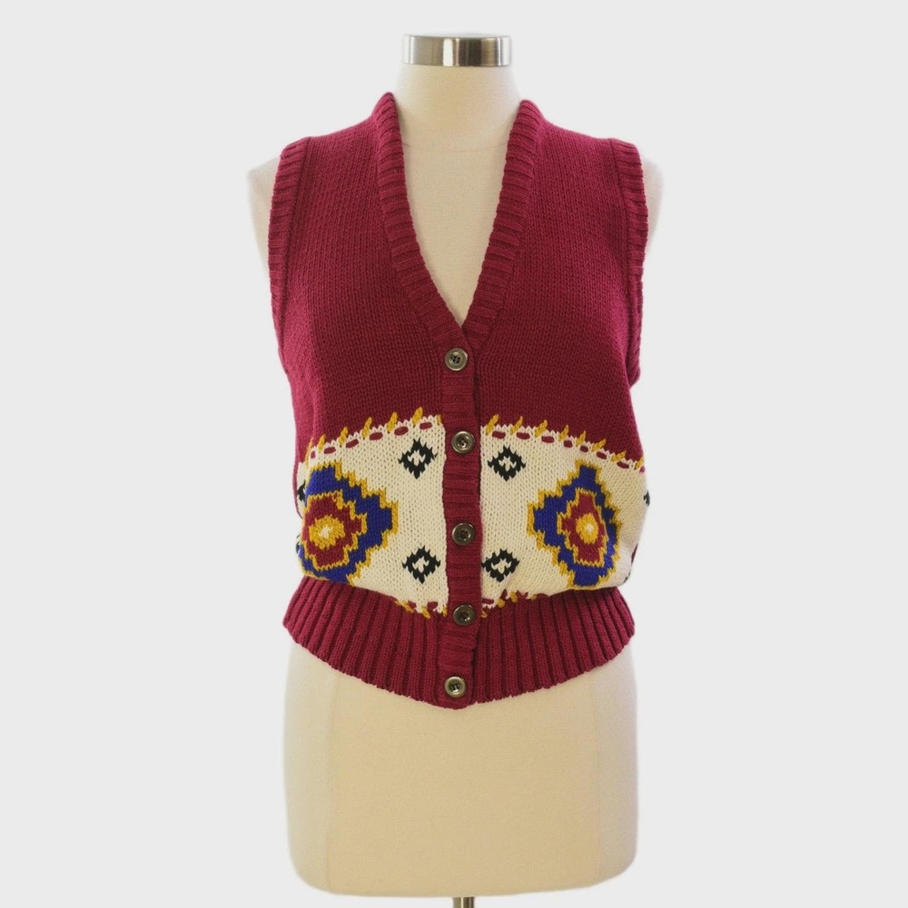 70s Vintage Southwest Geometric Sweater Vest Womens S Red Jantzen Boho Knit